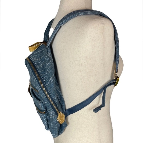 Frye Ivy Blue Denim Mini Backpack Striped Cotton Leather Gold Zipper - Picture 2 of 11